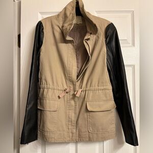 Olive & Oak khaki jacket with faux black leather sleeves. Size XS.